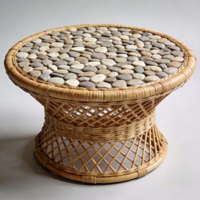 Round Rattan Boho Side Table
